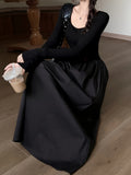 ZllKl Slim Square Neck Maxi Dress, Elegant Long Sleeve Splicing Dress For Spring & Fall, Women's Clothing