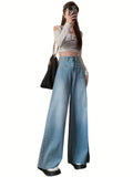 ZllKl Women's High Waist Wide Leg Denim Jeans, Casual Style, Frayed Hem, Oversized Vintage Pants, Street Fashion, Trendy Jean Trousers For Daily Wear