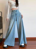 ZllKl Women's High Waist Wide Leg Denim Jeans, Casual Style, Frayed Hem, Oversized Vintage Pants, Street Fashion, Trendy Jean Trousers For Daily Wear