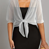 ZllKl Tie Front Semi-Sheer Blouse, Elegant Open Front Shawl Blouse, Women's Clothing