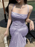 ZllKl Shinny Crisscross Backless Cami Dress, Elegant Cowl Neck Sleeveless Slim Dress, Women's Clothing