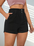 ZllKl  Plain High Waist Denim Shorts, Double Button Elastic Waist Short Denim Pants, Women's Denim Jeans & Clothing