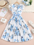 ZllKl Girls Ruffle V-Neck Blue Rose Floral Pleated Tunic Dress, Casual Elegant Dresses For Summer Going Out
