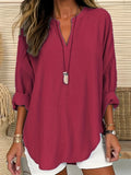 ZllKl Plus Size Casual Blouse, Women's Plus Solid Long Sleeve Notched Neck Tunic Top
