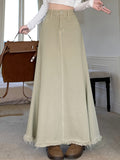 ZllKl High Waisted Vintage Denim A-Line Skirt, Frayed Hem Mermaid Maxi Skirt for Women, Casual Style