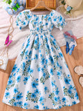 ZllKl Blue Floral Dress For Girls, Square Neck Comfy Breathable Short Sleeve Casual Dresses