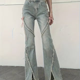 ZllKl Split Front Raw Trim Flare Jeans, Side Lace Up High-stretch Fashion Denim Pants, Women's Denim Jeans & Clothing