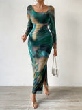 ZllKl Tie Dye Square Neck Slim Dress, Vintage Long Sleeve Split Dress For Spring & Fall, Women's Clothing