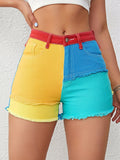 ZllKl  Colorblock Raw Hem Denim Shorts, Slim Fit Slash Pockets Casual Short Denim Pants, Pride Style, Women's Denim Jeans & Clothing