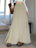 ZllKl High Waisted Vintage Denim A-Line Skirt, Frayed Hem Mermaid Maxi Skirt for Women, Casual Style