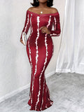ZllKl Flattering Plus Size Stripe Off-Shoulder Mermaid Maxi Dress – Long Sleeve, Elegant Evening Wear