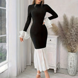 ZllKl Chic Color Block Bodycon Dress - Elegant Mock Neck with Long Sleeves - Perfect for Parties & Banquets - Trendy Women's Fashion
