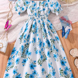 ZllKl Blue Floral Dress For Girls, Square Neck Comfy Breathable Short Sleeve Casual Dresses