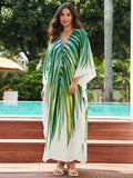 ZllKl Plus Size Vacay Cover Up, Women's Green Leaf Print V Neck Loose Fit Braided Chinese Knot Side Split Batwing Sleeve Beach Cover Up