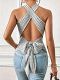 ZllKl Crisscross Tie Backless Halter Top, Sexy Solid Color Ribbed Sleeveless Top For Spring & Summer, Women's Clothing