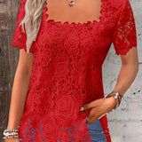 ZllKl Solid Lace Square Neck Blouse, Elegant Short Sleeve Blouse For Spring & Summer, Women's Clothing