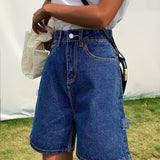 ZllKl  Blue Non-Stretch Denim Shorts, Slash Pockets Straight Legs Casual Short Denim Pants, Women's Denim Jeans & Clothing
