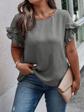 ZllKl Plus Size Solid Lettuce Trim Blouse, Casual Petal Sleeve Blouse For Spring & Summer, Women's Plus Size Clothing
