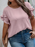 ZllKl Plus Size Solid Lettuce Trim Blouse, Casual Petal Sleeve Blouse For Spring & Summer, Women's Plus Size Clothing