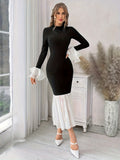 ZllKl Chic Color Block Bodycon Dress - Elegant Mock Neck with Long Sleeves - Perfect for Parties & Banquets - Trendy Women's Fashion