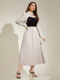 ZllKl Color Block Splicing Cut Out Dress, Elegant Long Sleeve Ruffle Hem Dress For Spring & Fall, Women's Clothing