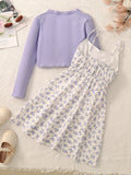 ZllKl 2-Piece Set for Girls: Charming Purple Floral Suspender Skirt & Cozy Long-Sleeved Knit Cardigan - Perfect for Casual & Special Occasions