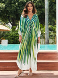 ZllKl Plus Size Vacay Cover Up, Women's Green Leaf Print V Neck Loose Fit Braided Chinese Knot Side Split Batwing Sleeve Beach Cover Up