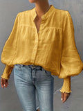 ZllKl Lantern Sleeve Shirred Blouse, Casual Button Front Solid Blouse, Women's Clothing