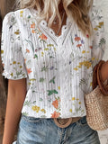 ZllKl Floral Print Lace Trim Blouse, Vacation Striped V Neck Short Sleeve Blouse, Women's Clothing