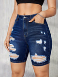 ZllKl  Ripped Raw Hem Bermuda Denim Shorts, Distressed Washed Blue Slim Fit Denim Shorts, Women's Denim Jeans & Clothing