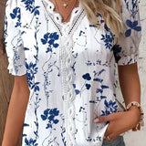ZllKl Floral Print Lace Trim Blouse, Vacation Striped V Neck Short Sleeve Blouse, Women's Clothing