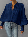 ZllKl Lantern Sleeve Shirred Blouse, Casual Button Front Solid Blouse, Women's Clothing