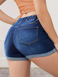 ZllKl  Drawstring Elastic Waist Washed Denim Shorts, Rolled Hem Slash Pockets Short Denim Pants, Women's Denim Jeans & Clothing
