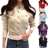 Stand Collar Cardigan Sweater Decorative Pockets Women Faux Pearl Buttons Solid Color Knitted Coat Outerwear