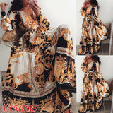 2019 Women Floral Boho Wrap Summer V Neck Casual Prom Party Vintage Boho Maxi Dress Holiday Long Sleeve Evening Party S-XL