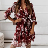 Comfy  Chic Floral Print Knee Length Dress Soft Midi Dress High Waist   for Vacation