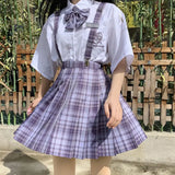 2021 Japanese School JK Uniform Two Piece Set Women White Shirts+Purple Plaid Mini Skirt Preppy Style Send Bow Tie 3 Piece Set
