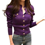 Stand Collar Cardigan Sweater Decorative Pockets Women Faux Pearl Buttons Solid Color Knitted Coat Outerwear