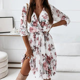 Comfy  Chic Floral Print Knee Length Dress Soft Midi Dress High Waist   for Vacation