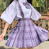2021 Japanese School JK Uniform Two Piece Set Women White Shirts+Purple Plaid Mini Skirt Preppy Style Send Bow Tie 3 Piece Set