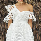 2021 Summer White Lace Dress Woman Elegant Hollow Out One Shoulder Off Ruffled Sexy Club Party Dresses Plus Size Women Clothing