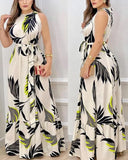 Dresses for Women 2023 Spring Fashion Leaf Print Sleeveless Casual O-Neck Maxi Daily Vacation Dress with Belt