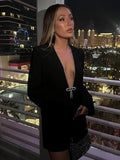 Sexy Deep V-neck Bow Diamonds Sparkling Dress Black Long Sleeve Spliced Evening Short Dress Fashion Lady Elegant Party Clubwear