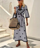 Women's Print Vacation A-line Shirt Dress, V Collar Belt, Half Sleeve, Bohemian Style Hemp Dresses, Home Robe, Fashion, 2023