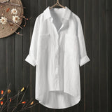 White Shirt Women Casual Cotton Linen Shirts Blouse Loose Dress Lapel Neck Button Long Sleeve Cardigan Beachwear Clothes Blusas