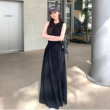 Black Women's Dress Round Neck Sleeveless Vest Vintage Design High Waist Long Korean Elegant Spring Summer Outdoor Dating Wear