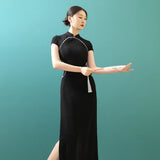 Stand Collar Black Cheongsam For Women Qipao dress long Woman Qipao Chinese Traditional Cheongsam Dress Sexy Short Sleeve Qipao