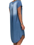 Plus Size Women's Fashion Casual Blue Dress Solid V Neck Party Loose Short Sleeve Dress
