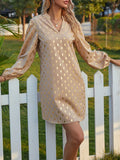Benuynffy Autumn Office Lady Bronzing Mini Dresses 2024 Elegant Puff Long Sleeve V Neck High Street Women Loose A-Line Dress