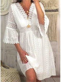 2024 Elegant Women White Hollow Lace Splicing Mini Dress Spring Summer V-neck Three Quarter Sleeve Ladies Vacation Beach Dresses